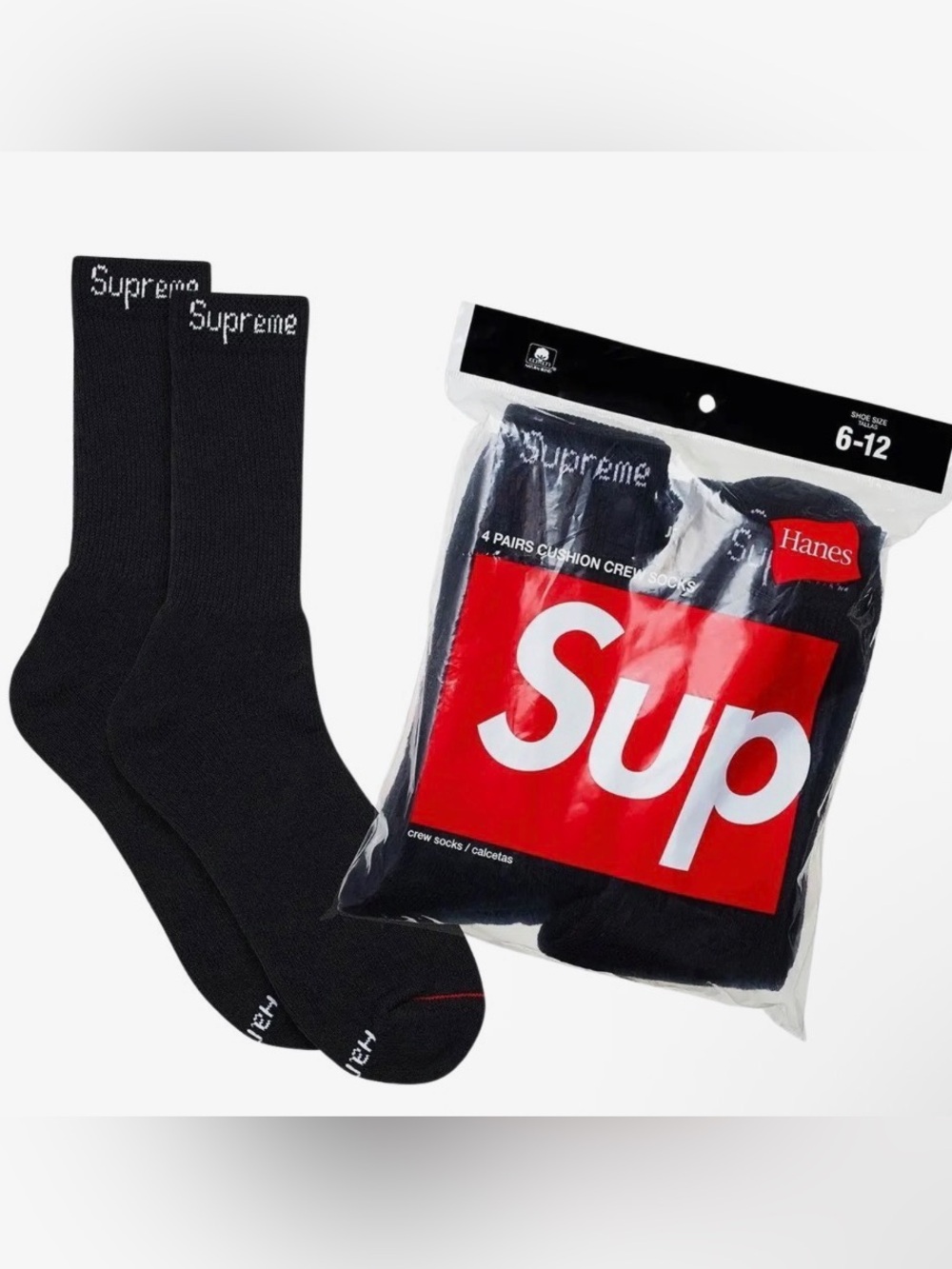 Hanes #Supreme Black Crew Socks - 4 Pairs